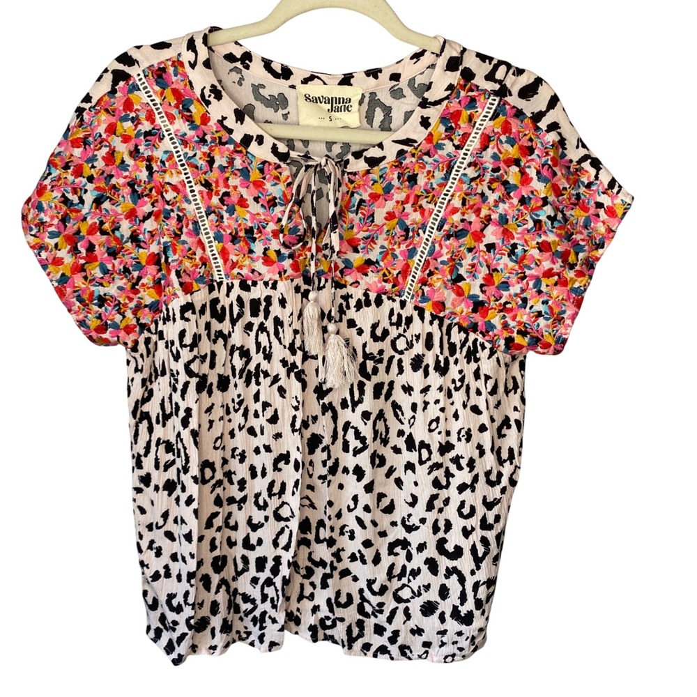 Savanna Jane‎ Womens Pink Leopard Floral Embroidered Tassel Top Small 18398-11